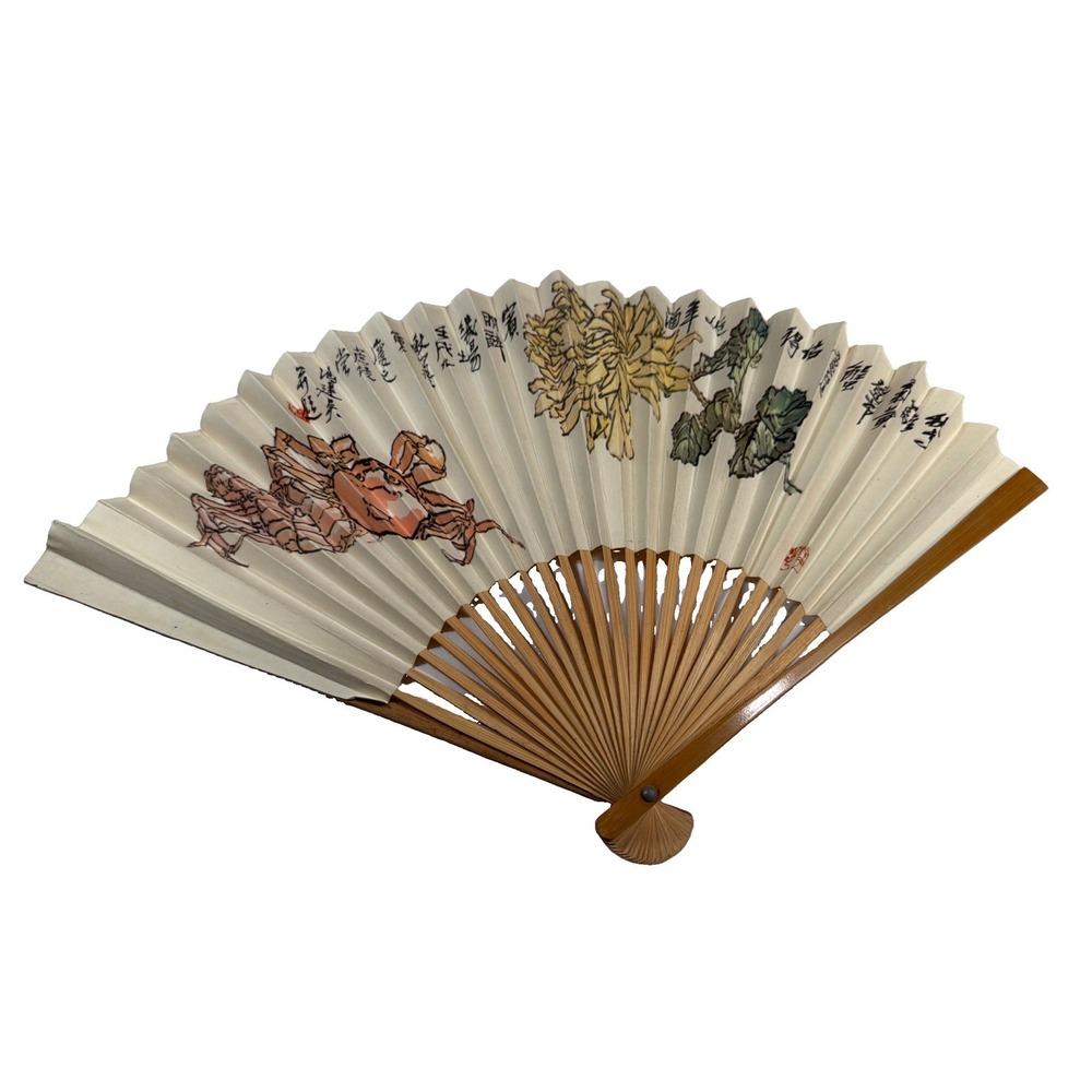 Vintage CAAC Chinese Aviation Folding Fan Bamboo Ox Rider Floral
